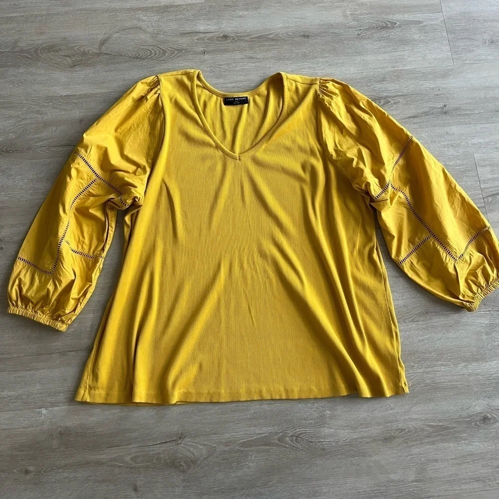 Lane Bryant Women's Size 26/28 Patch Work Long Sleeve Mustard Yellow cotton Top